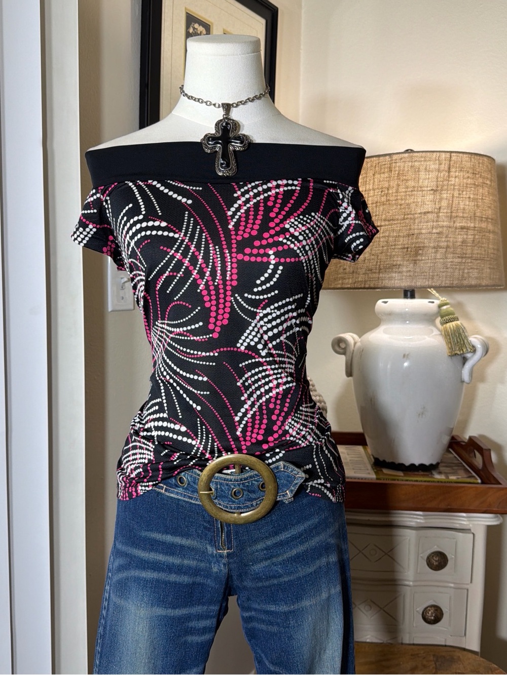 MKM Designs Black Off-Shoulder Crop Top with Pink & White Dot Swirl
